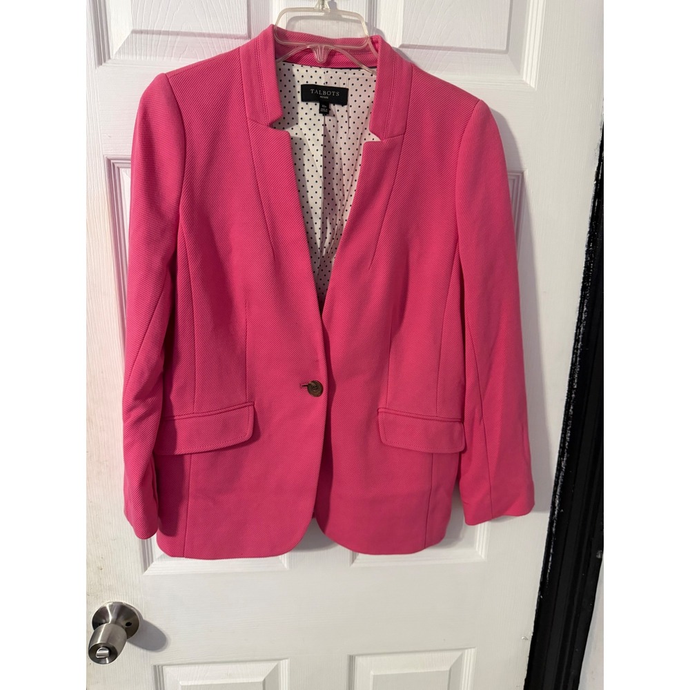 Talbots Petite Pink One Button Blazer Polka Dot Lining Size 10P
